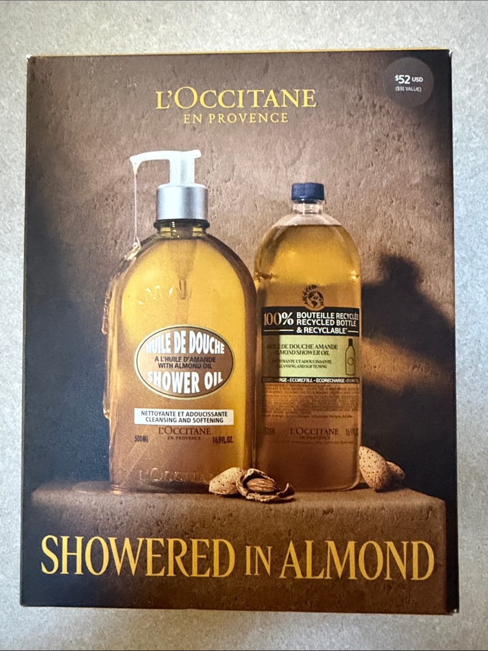 New In Box L'OCCITANE Almond Shower Oil Pump and Refill